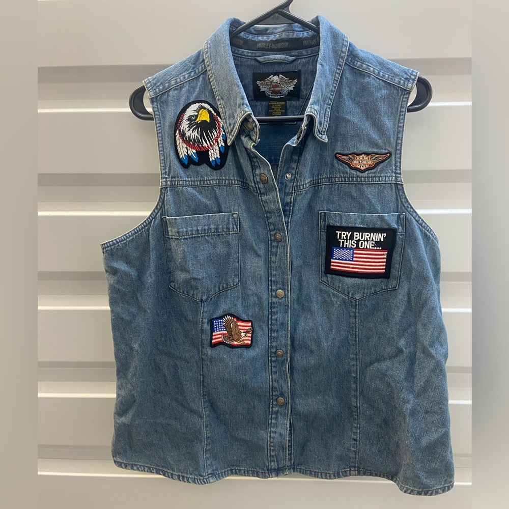 Harley Davidson denim vest patriotic patches size XL
